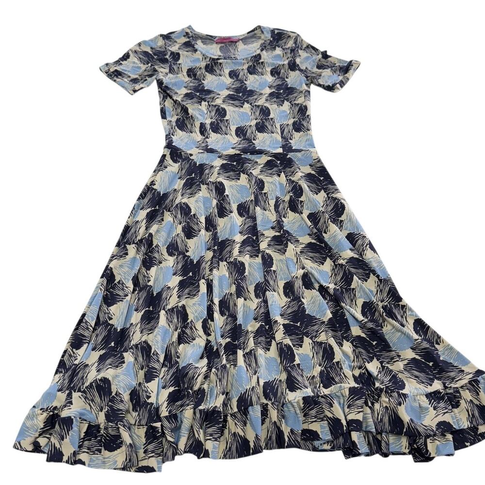 Melissa Masse Dress Women XS Blue Abstract Print Ruffle Hem Short Sleeve‎